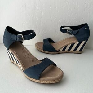 Ugg Atasha Striped Nubuck Leather Espadrille Wedge Sandals Nautical Blue Size 10